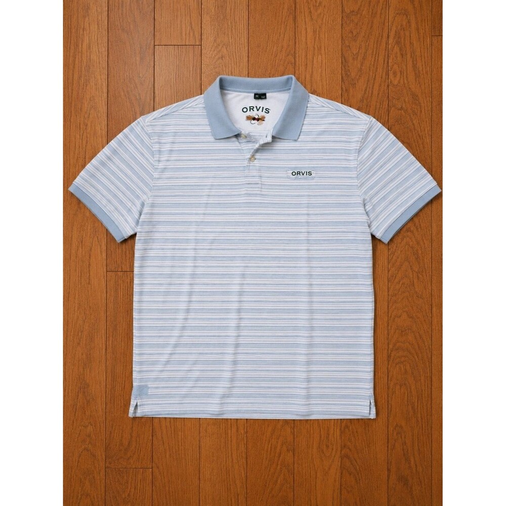 Orvis Polo Shirt Men XL Blue White Striped Fly Fishing Embroidered Short Sleeve